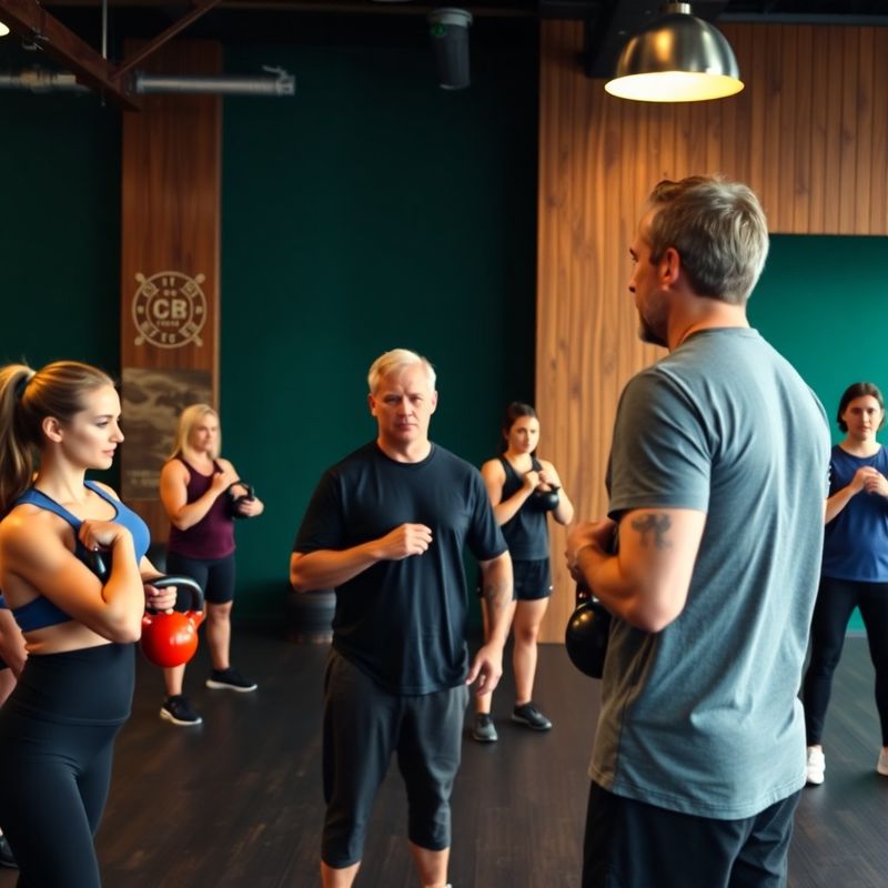 Group fitness class mid-session with kettlebells and a coach observing form