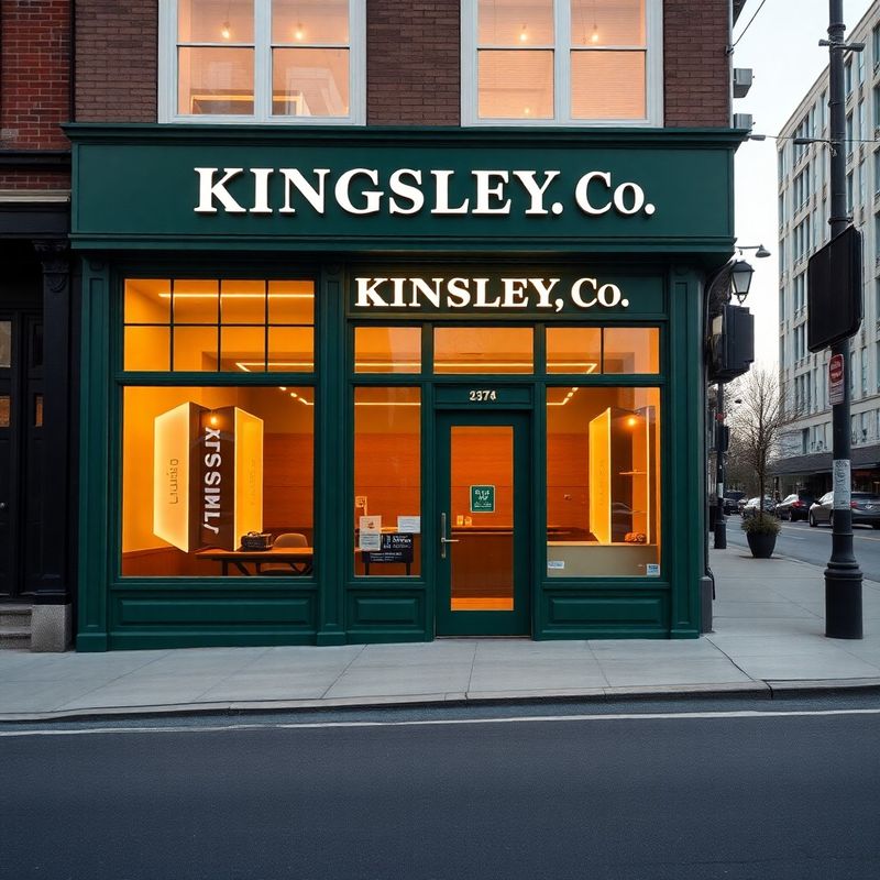 Exterior of Kingsley Co at golden hour with forest green facade and cream signage