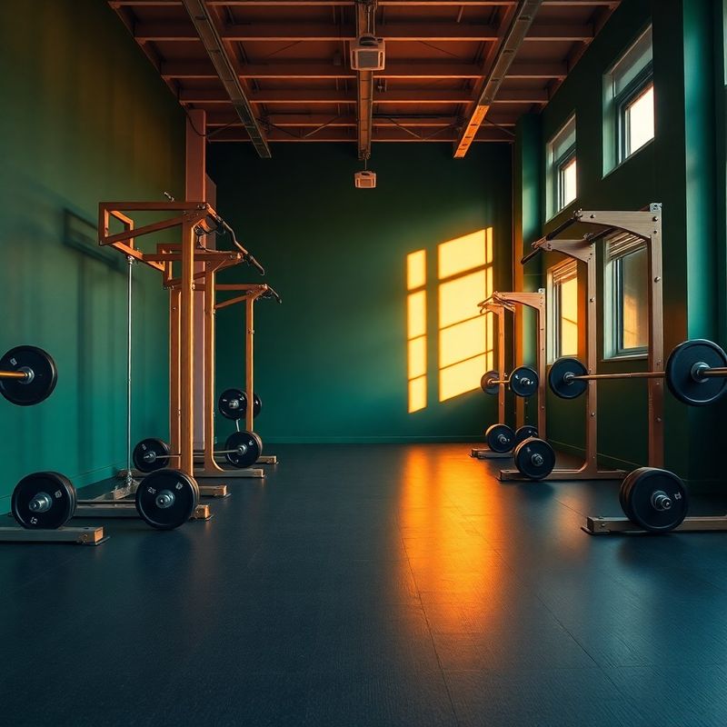 Kingsley Co gym floor at dawn with plate-loaded machines and Olympic bars